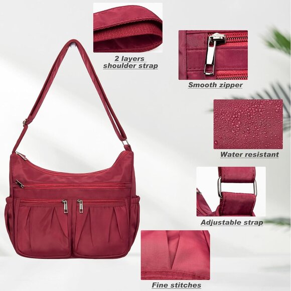 Women Red-l Nylon Water Resistant Anti Theft Travel Crossbody Shoulder Bag - Picture 6 of 6